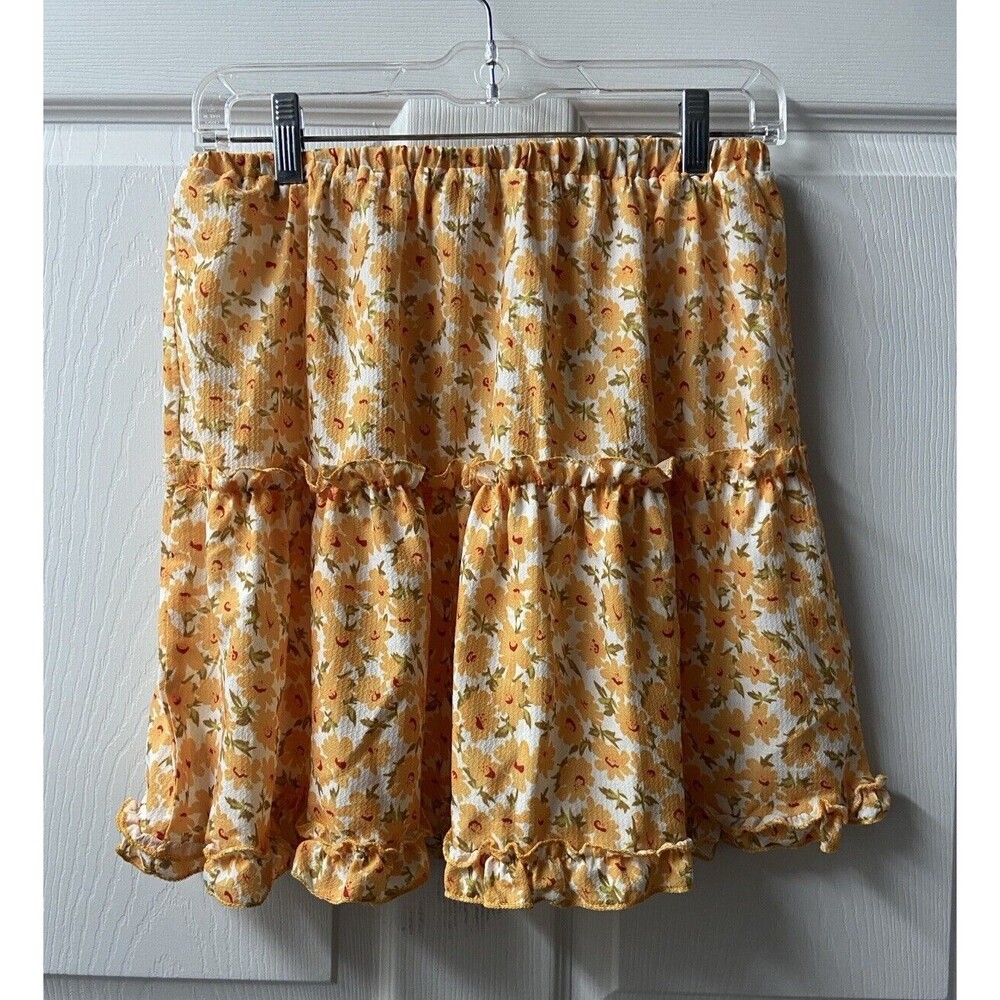 Hazel and Outlet Skirt Womens Medium Gold Red Floral Tiered Mini Ruffle